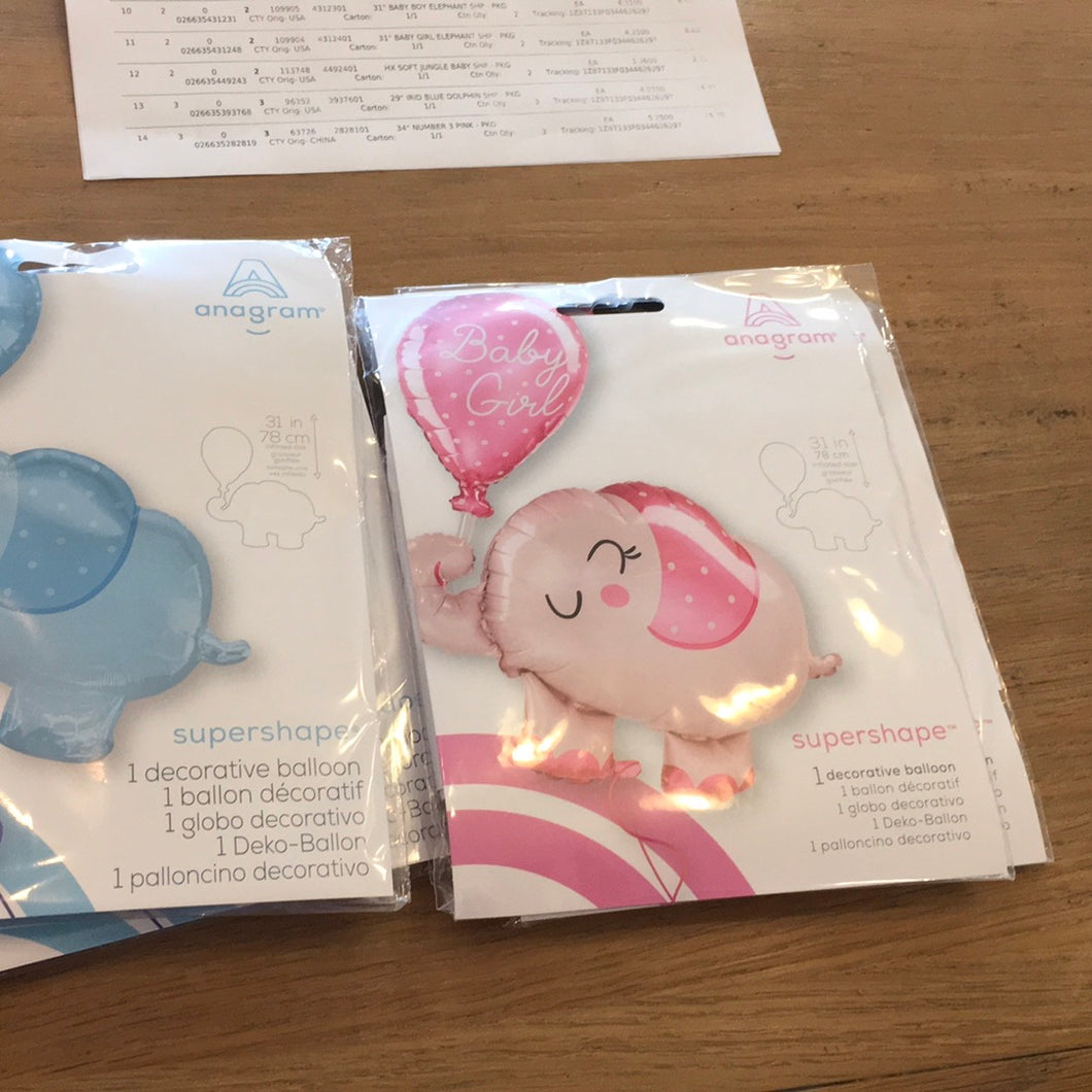 Baby boy elephant balloon.  Baby girl elephant